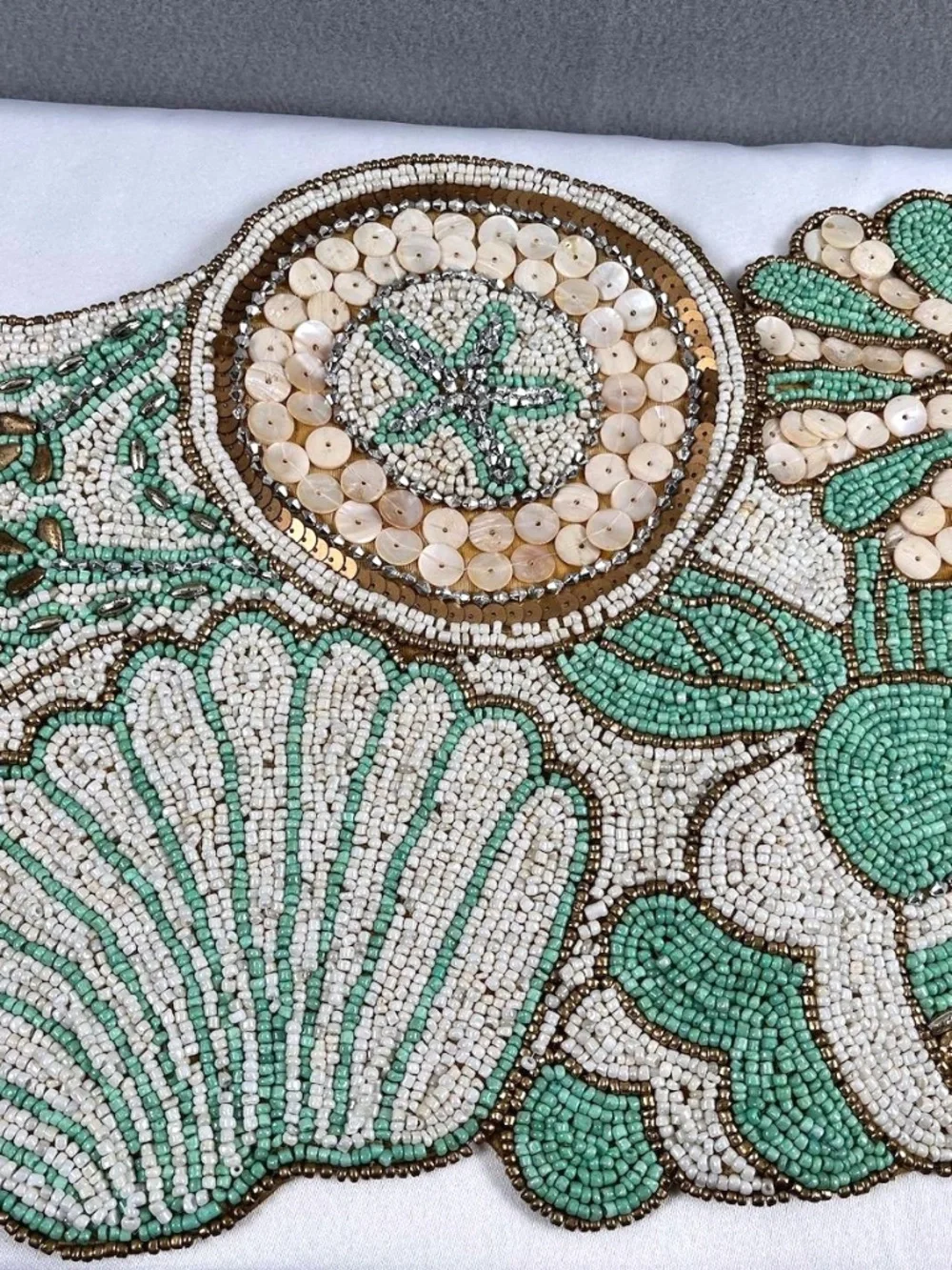 Vintage Coastal Beaded Table Runner Seashell Starfish Seahorse 12 x 36 Nautical